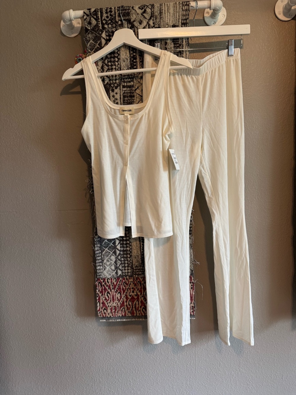 Open Edit Women's Cream Button-Front Ribbed Sleep Tank with matching pants